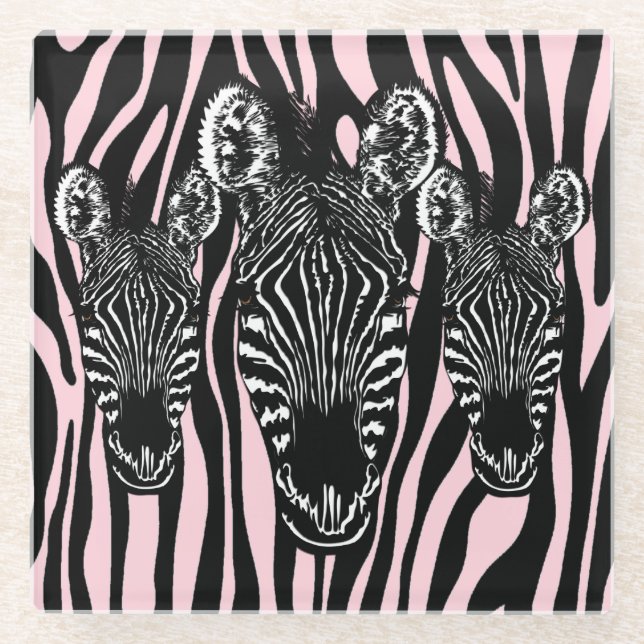 Trendy Zebra Herd on Zebra Print Pink Glass Coaster (Front)