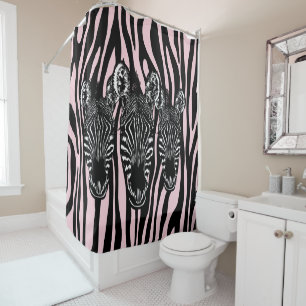 Trendy Zebra Herd on Zebra Print Pink Shower Curtain