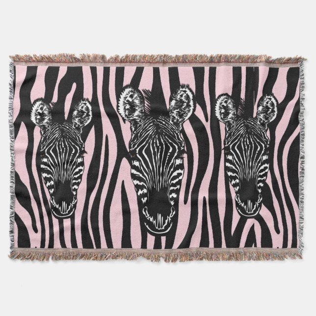 Trendy Zebra Herd on Zebra Print Pink Throw Blanket (Front)