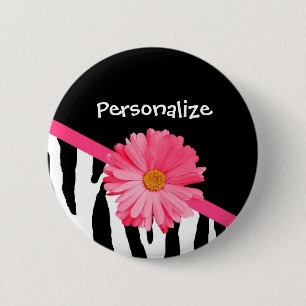 Trendy Zebra Pattern Girly Pink Daisy With Name 6 Cm Round Badge