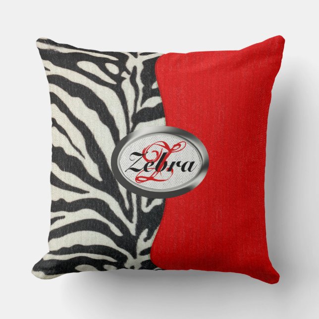 Trendy Zebra Print and Neon Red Monogram Cushion (Front)