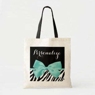 Trendy Zebra Print Aqua Mint Ribbon With Name Tote Bag
