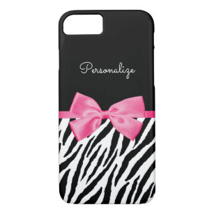 Trendy Zebra Print Chic Hot Pink Bow and Name Case-Mate iPhone Case