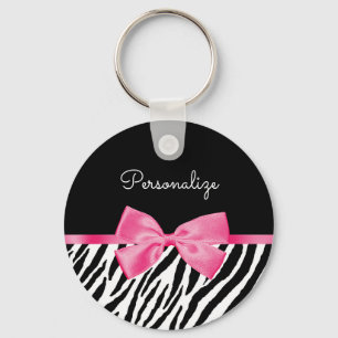 Trendy Zebra Print Chic Hot Pink Bow and Name Key Ring