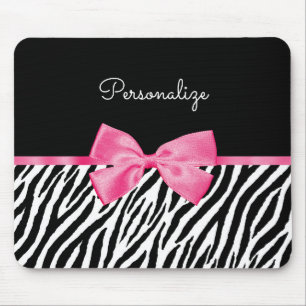 Trendy Zebra Print Chic Hot Pink Bow and Name Mouse Pad