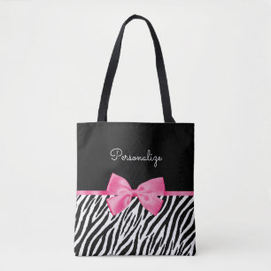 Trendy Zebra Print Chic Hot Pink Bow and Name Tote Bag
