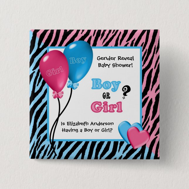 Trendy Zebra Print Gender Reveal Baby Shower 15 Cm Square Badge (Front)