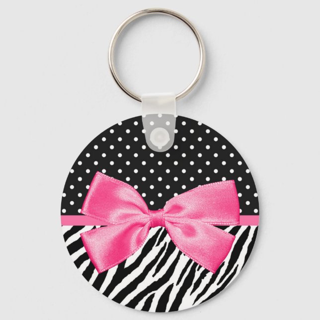 Trendy Zebra Print Polka Dots and Chic Pink Ribbon Key Ring (Front)