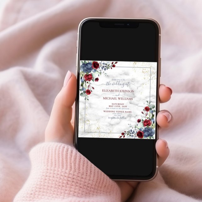 TrendyLight Dusty Blue Burgundy Gold Floral Square Invitation (Creator Uploaded)