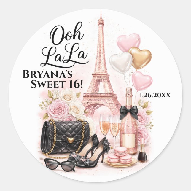 Très Chic in the City Pink Paris Sweet 16 Party Classic Round Sticker (Front)