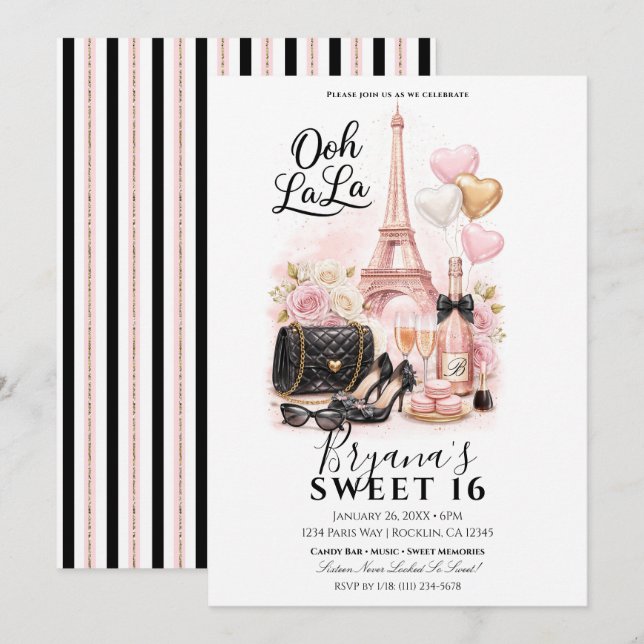 Très Chic in the City Pink Paris Sweet 16 Party Invitation (Front/Back)