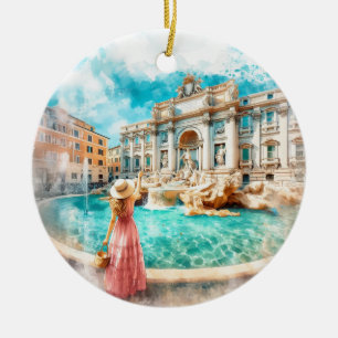 Trevi Fountain Rome Italy Watercolor Ceramic Tree Decoration
