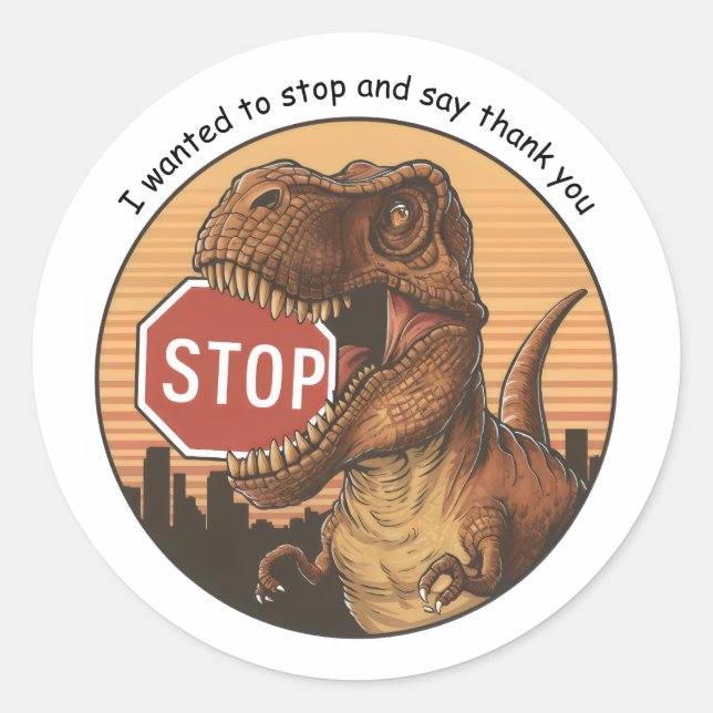 trex biting on stop sign classic round sticker (Front)