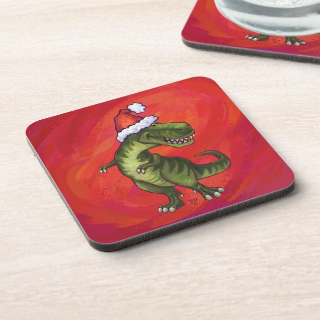 TRex Dino in Santa Hat on Red Coaster (Left Side)