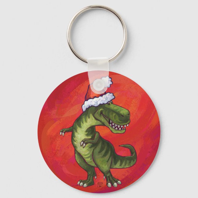 TRex Dino in Santa Hat on Red Key Ring (Front)