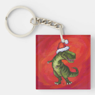 TRex Dino in Santa Hat on Red Key Ring