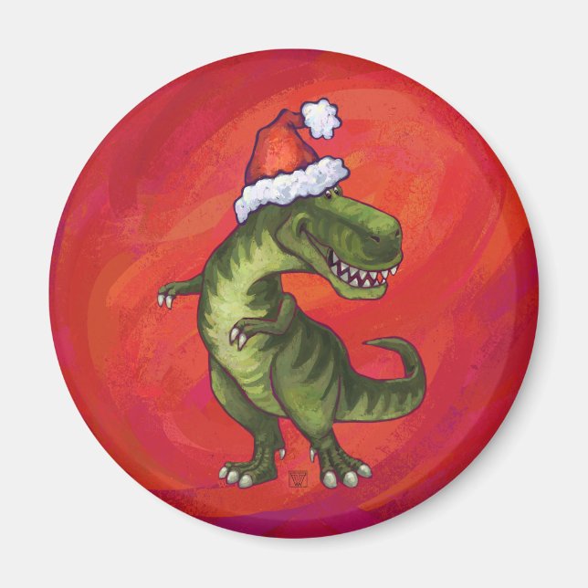 TRex Dino in Santa Hat on Red Magnet (Front)