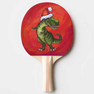 TRex Dino in Santa Hat on Red Ping Pong Paddle