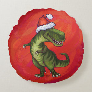 TRex Dino in Santa Hat on Red Round Cushion