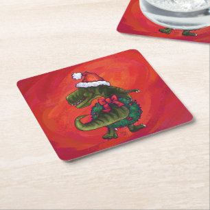 TRex Dino in Santa Hat on Red Square Paper Coaster