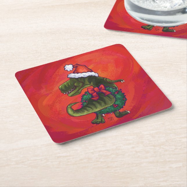 TRex Dino in Santa Hat on Red Square Paper Coaster (Angled)
