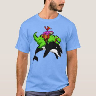 TRex Dinosaur Sloth Riding Orca Whale T-Shirt