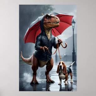 Trex holding umbrella walking basset hound poster