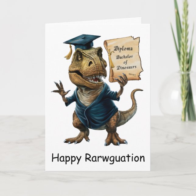 Trex in cap and gown holding diploma card (Front)