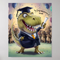 Trex in cap and gown holding diploma