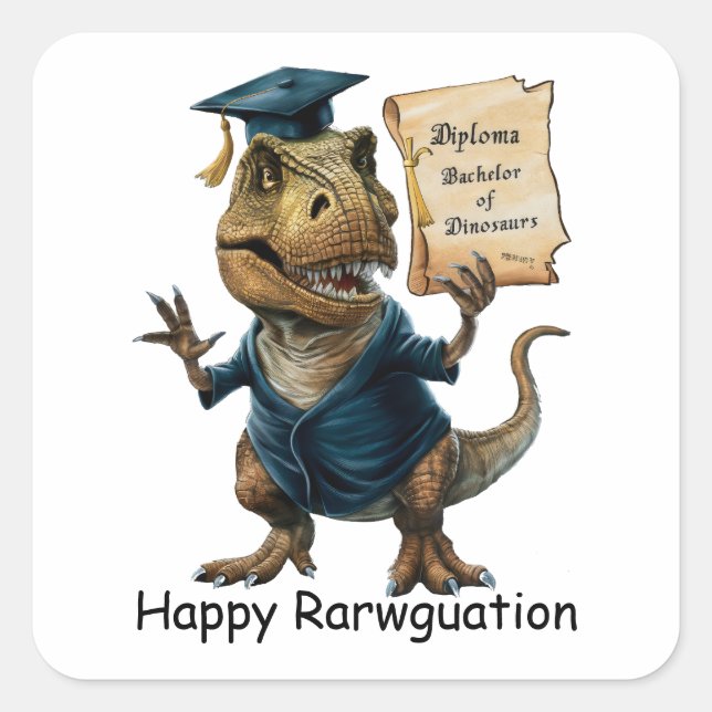 Trex in cap and gown holding diploma square sticker (Front)