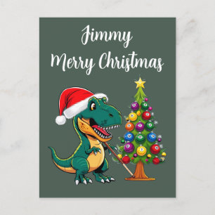 Trex in santa hat billiard green postcard
