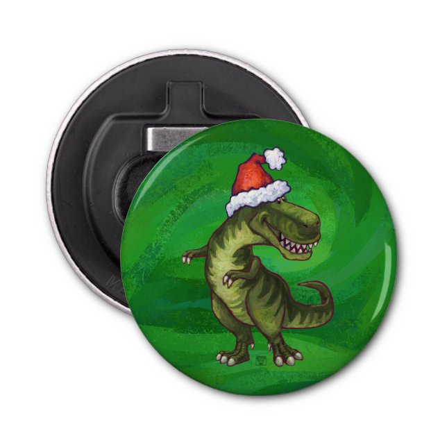 TRex in Santa Hat on Green Bottle Opener (Front)