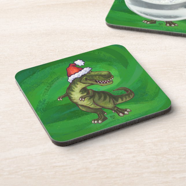 TRex in Santa Hat on Green Coaster (Left Side)
