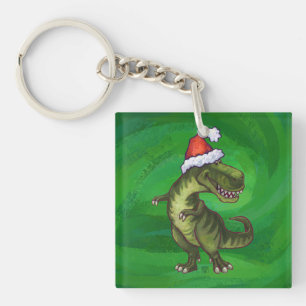 TRex in Santa Hat on Green Key Ring