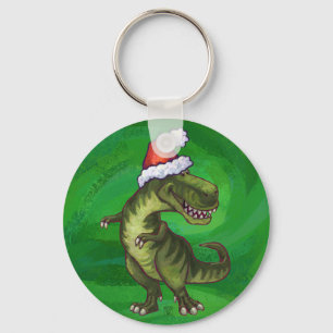 TRex in Santa Hat on Green Key Ring