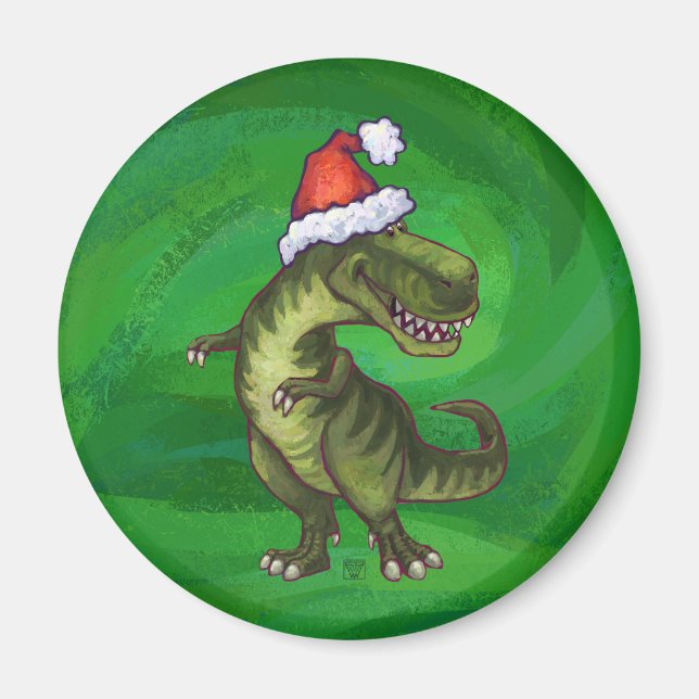TRex in Santa Hat on Green Magnet (Front)