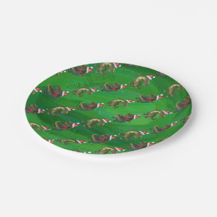 TRex in Santa Hat on Green Paper Plate