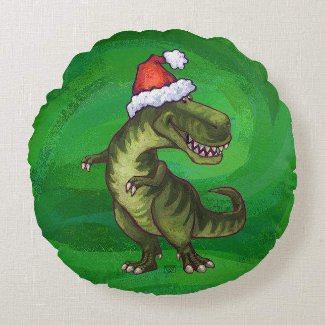 TRex in Santa Hat on Green Round Cushion (Front)