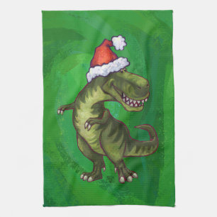 TRex in Santa Hat on Green Tea Towel