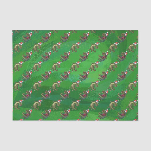 TRex in Santa Hat on Green Tissue Paper (Front)