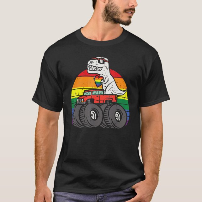 Trex Monster Truck Rainbow Gay Sunset Retro Lgbtq  T-Shirt (Front)