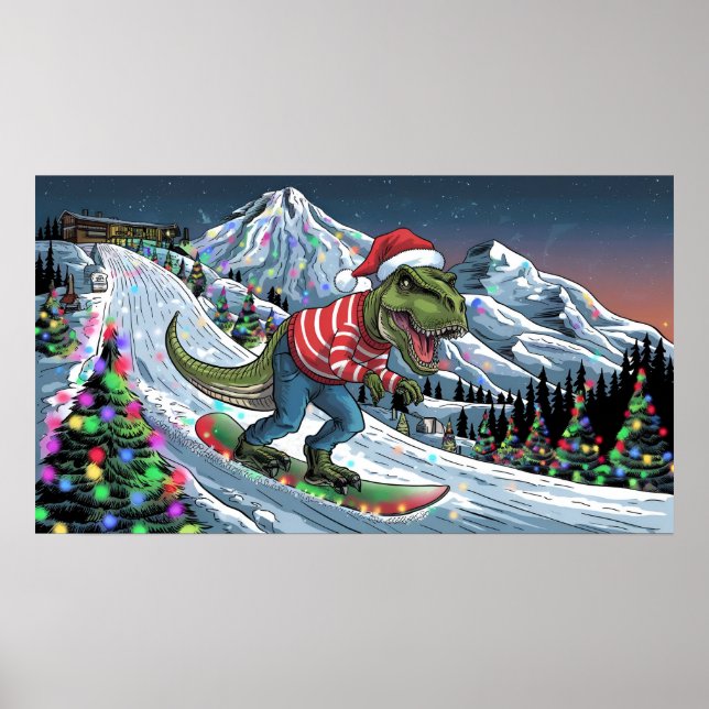 TRex snowboard on mountain psychedelic colours Poster (Front)