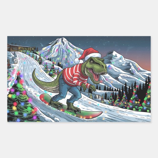 TRex snowboard on mountain psychedelic colours Rectangular Sticker (Front)