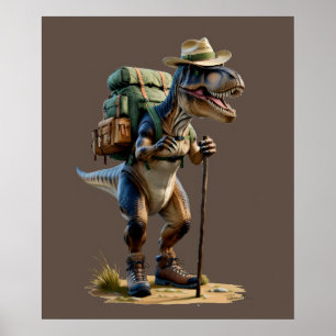 Trex wearing hat with backpack and walking stick poster