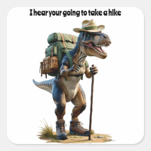 Trex wearing hat with backpack and walking stick square sticker