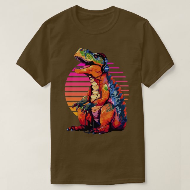 Trex with headphones retro art8 T-Shirt (Design Front)