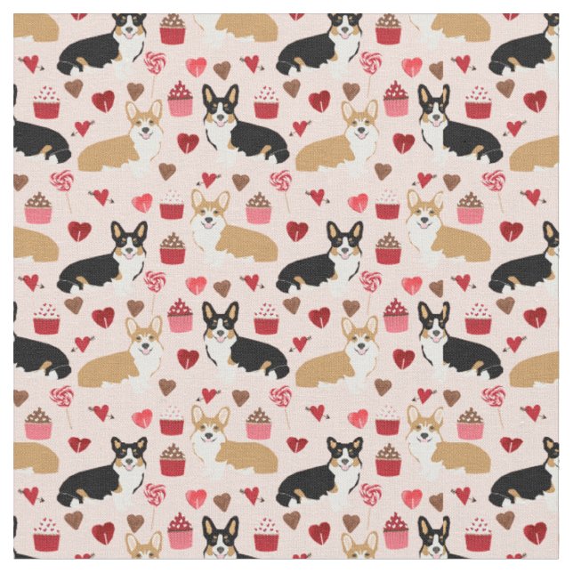 Tri and Red Corgi Valentines Fabric  - pink (Close Up)