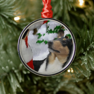 Tri Color Smooth Collie With Santa Christmas  Metal Tree Decoration