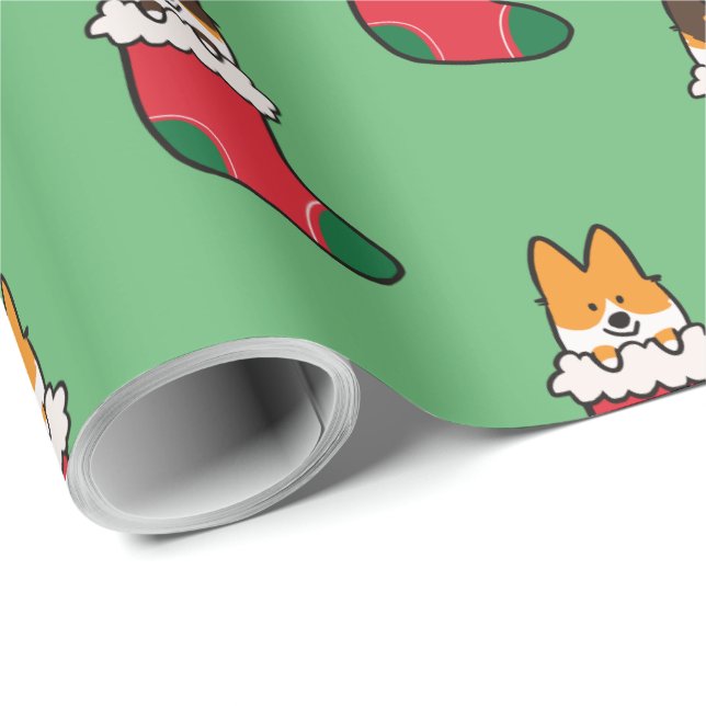 Tri-Colour and Red Corgi Stocking Wrapping Paper (Roll Corner)