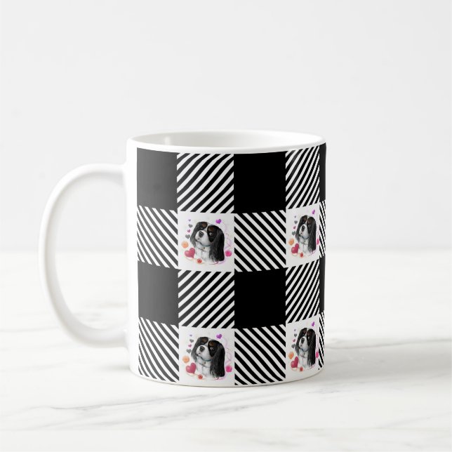 Tri-Colour Cavalier Black & White Buffalo Plaid Coffee Mug (Left)